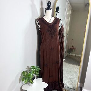 Vintage 90s Dark Brown V-Neck Aline Boho Maxi Dress